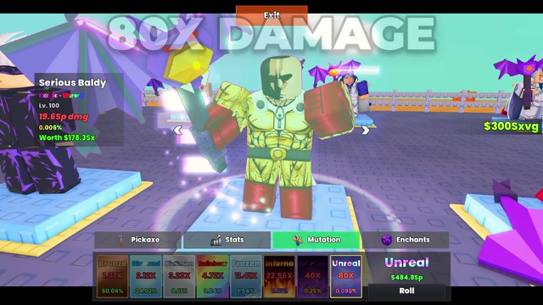 My Anime Mine mutation panel showing the full multiplier ladder and an Unreal roll